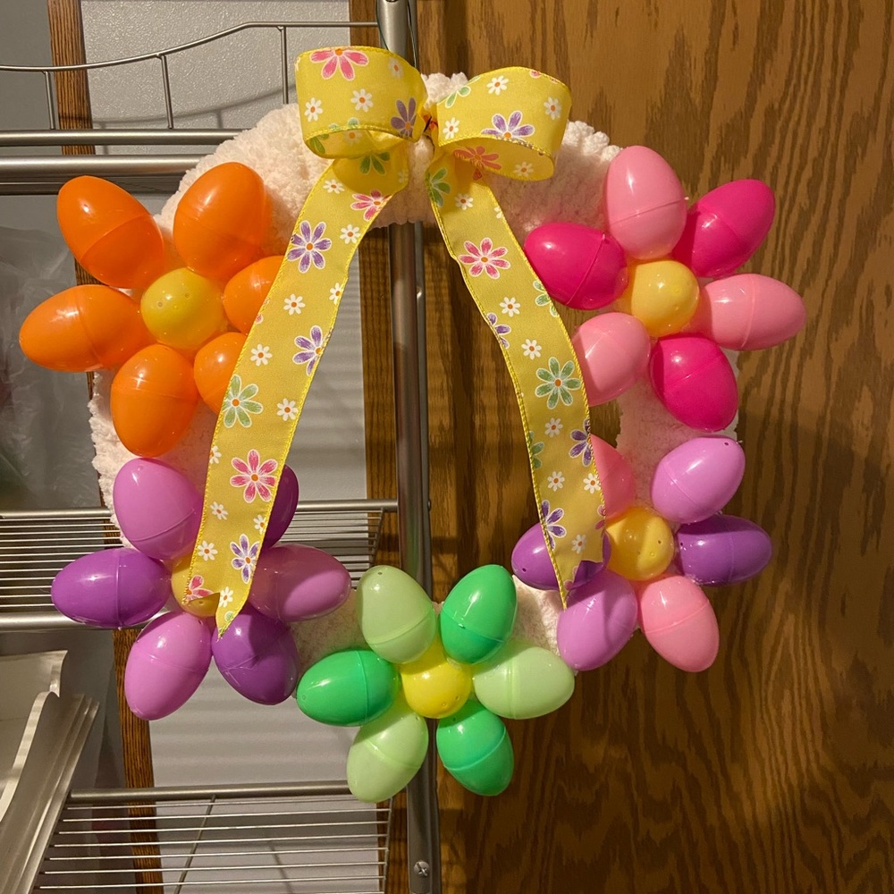 Colorful Easter Egg Wreath with Floral Ribbon